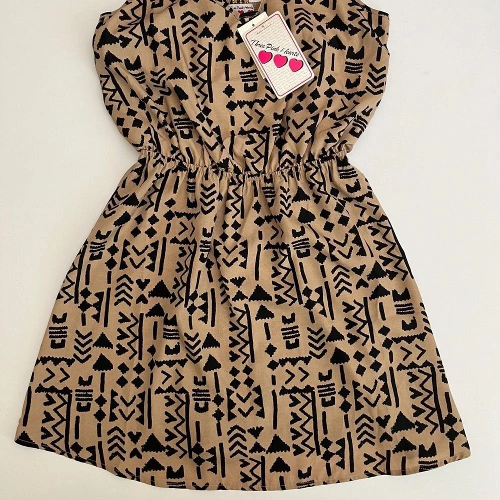 Three Pink Hearts Moroccan Spice‎ Dress, Tan Beige Geometric Dress, Strappy X13
